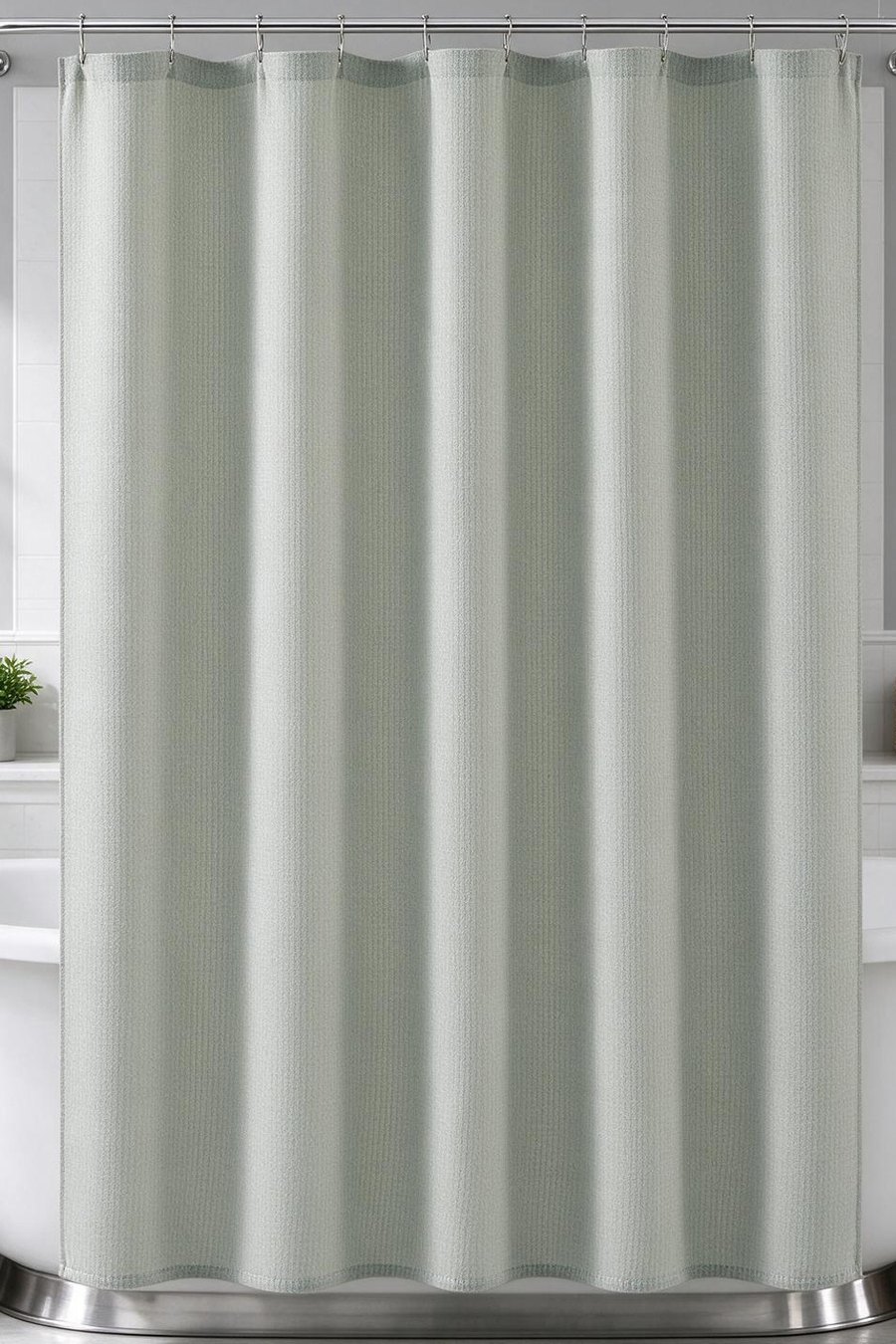 Styled room: the Oaklynn shower curtain in Green, a fine textured weave in soft sage, on a chrome rod in front of a white tub