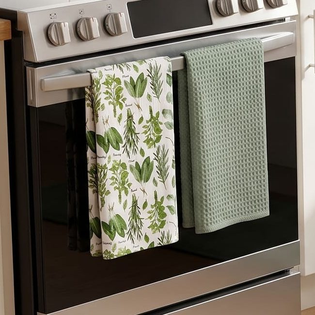 A herb-print kitchen towel and a sage waffle towel on an oven