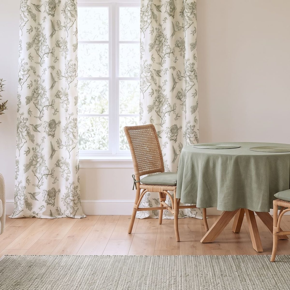 A sage living and dining room: toile curtains, a round table in a sage cloth, a woven rug