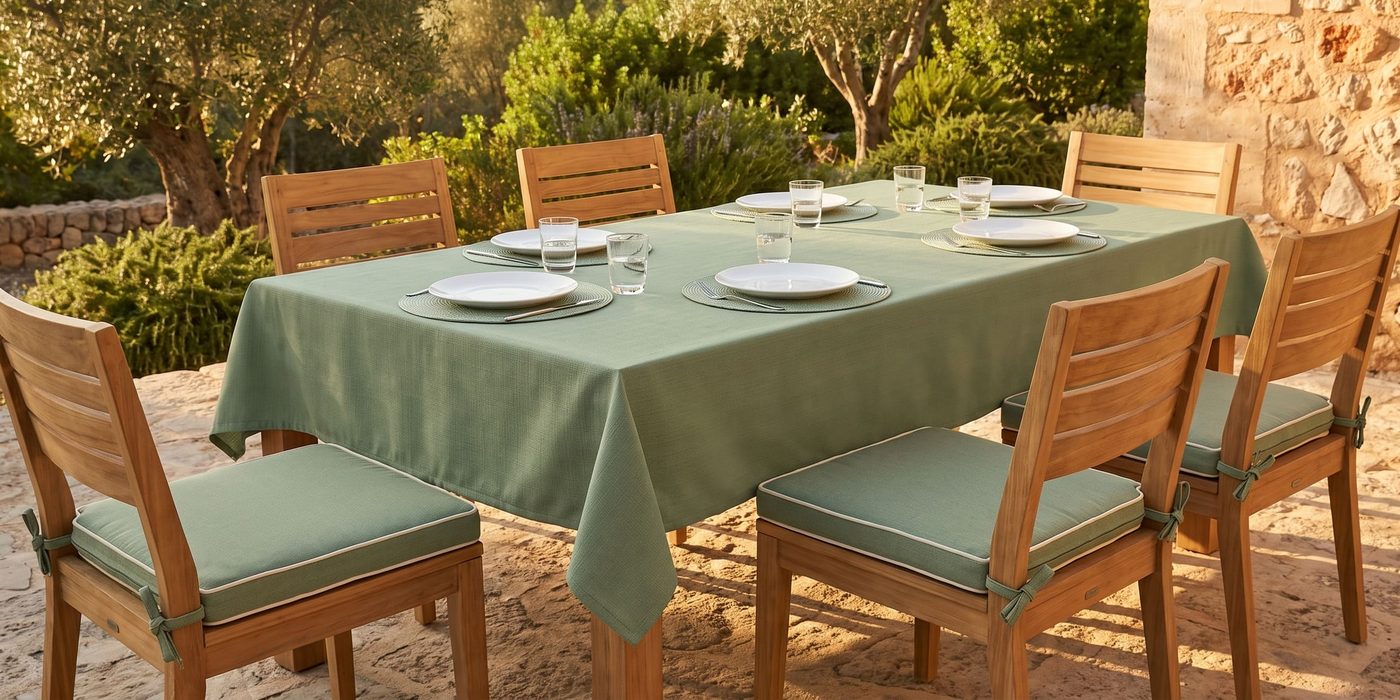 A patio table in a sage cloth with sage chair pads