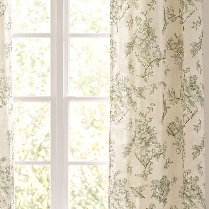 Toile curtains at a bright window