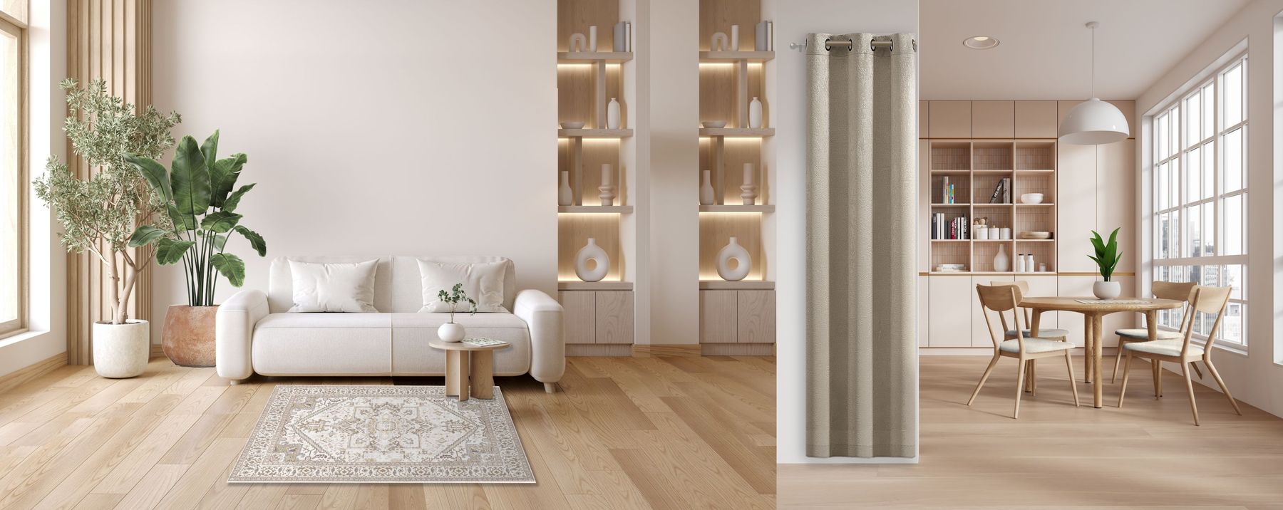 An open living and dining room in warm neutrals: a cream sofa on an accent rug, a printed paper napkin on the side table, a Pacifica curtain panel in Natural hung beside the opening to the dining room, a striped placemat on the round dining table and cream chair pads on the four dining chairs